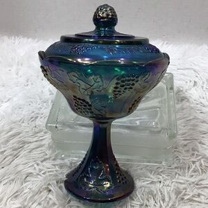 Vintage Indiana Carnival glass Iridescent Blue compote candy dish with lid